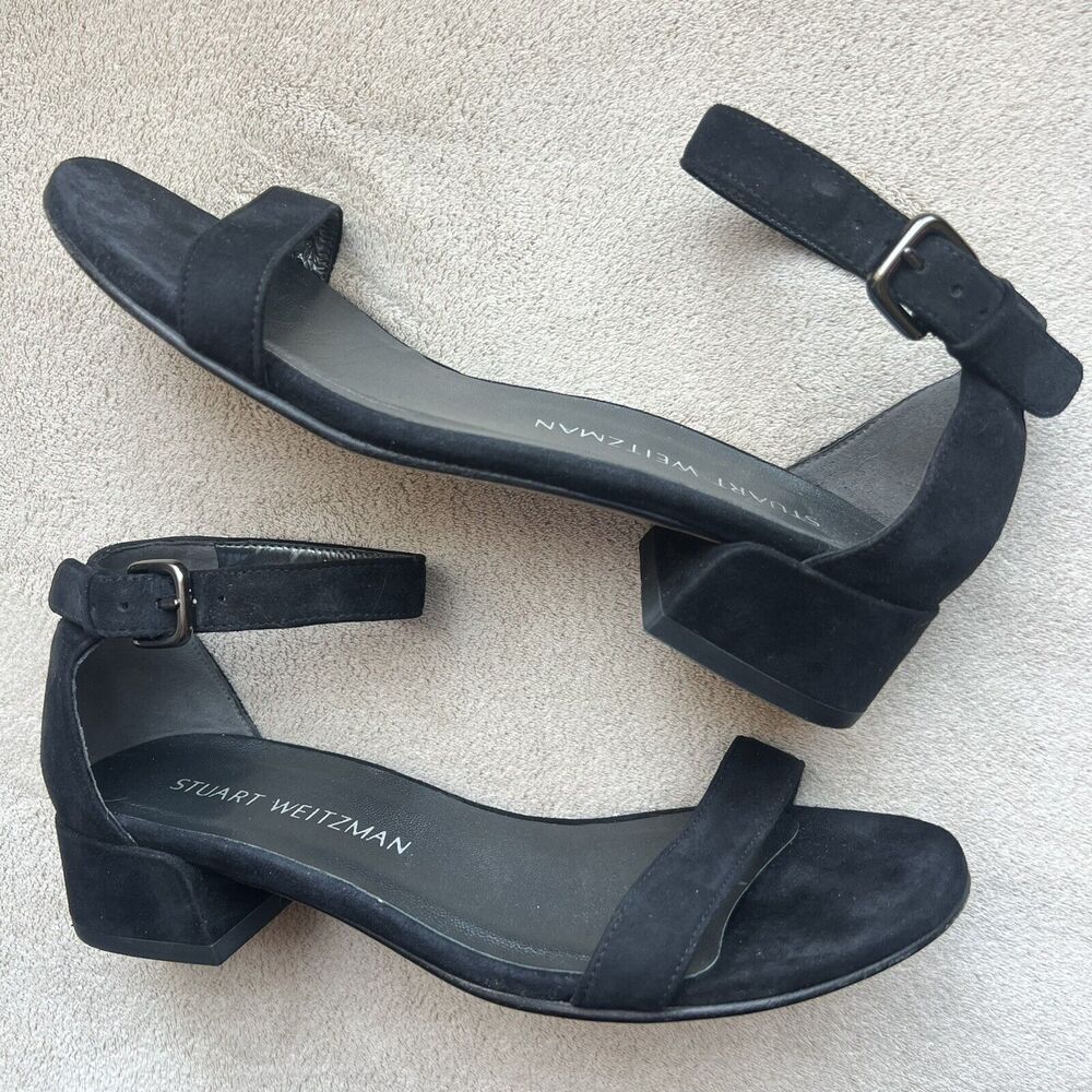 Stuart Weitzman Nudist June Black Suede Low Block Heel Ankle Strap Sandal US 5.5